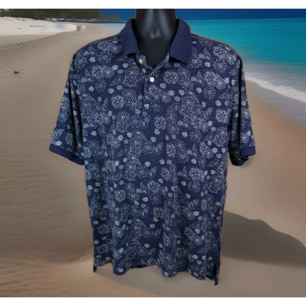 Brooks Brother Polo Shirt Mens L Pima Cotton Golf Navy Floral Seashell Print